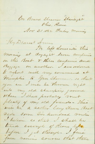 Brev fra DP Grier, om bord på Steamer Starlight, Ohio River, til Anna McKinney, 21. november 1862 av David Perkins Grier