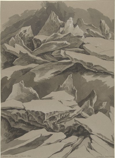 Isflak på Maas, januar 1809 Glaçons sur la Meuse en Janvier 1809 (tittel på objekt) av David Pièrre Giottino Humbert de Superville (signed by artist)
