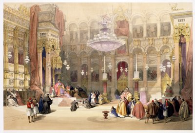 Den hellige gravs greske kirke, Jerusalem, 11. april 1839, plate 4 fra bind I av 'Det hellige land', gravert av puben Louis Haghe (1806-85). 1842 av David Roberts