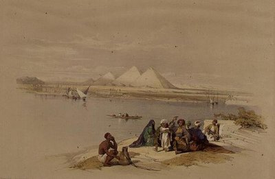 Pyramidene i Giza fra Nilen, fra "Egypt and Nubia", Vol.1 (litho) av David Roberts