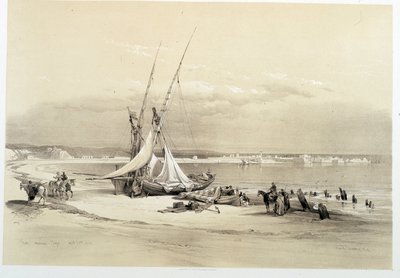 Utsikt over byen Tyre (Tyre) i Libanon, tegning laget 27.04.1839 i "" Det hellige land", London 1849 av David Roberts