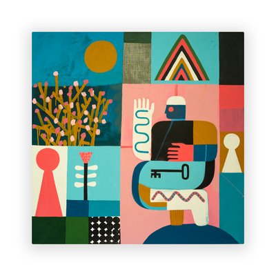 Climbing The Molecular Mountain, 2023 (maling og collage på lerret) av David Shillinglaw