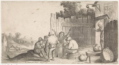 Fem bønder rundt tonnet Friluftssjangerscener (serietittel) av David Teniers (II) (attributed to workshop of)
