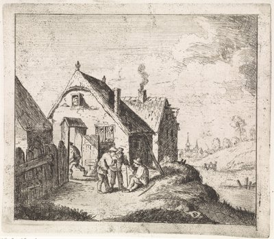 Tre menn snakker i et hus av David Teniers (II)