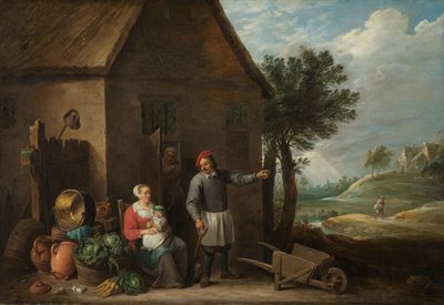 Ektemann ved en hyttedør med en sittende kvinne og barn av David Teniers (II)