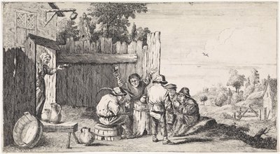 Fem bønder rundt tonnet Friluftssjangerscener (serietittel) av David Teniers (II)