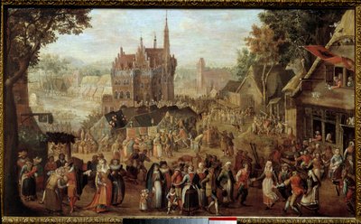 Kermesse i Audenarde (Belgia). Fest foran bygdekirken. Maleri av David Vinckboons (eller Vinckeboons eller Vinkeboons 1576-1629) av David Vinckboons