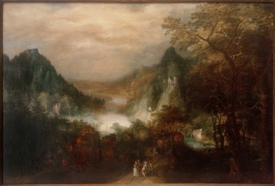 Fjellelvelandskap med elefantfigurer av David Vinckeboons