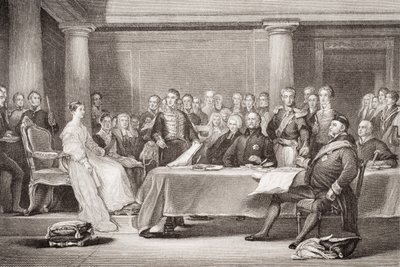Dronning Victorias første råd, Kensington Palace, 21. juni 1837, fra "Illustrasjoner av engelsk og skotsk historie" bind II av David Wilkie