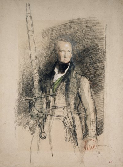 Jarlen av Morton som bærer statens sverd, 1824 (svart og rødt kritt med wc og kroppsfarge på gråaktig papir) av David Wilkie