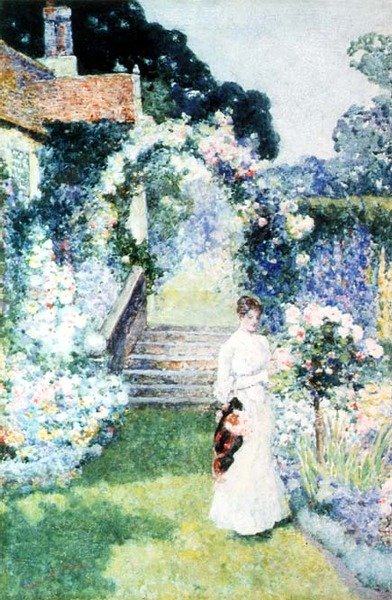 Pleie rosene i en Cheshire-hage (akvarell) av David Woodlock