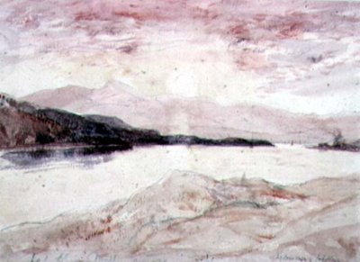 Loch Aline, Argyllshire: Utsikt fra nord med øya Mull (wc på papir) av David Young Cameron