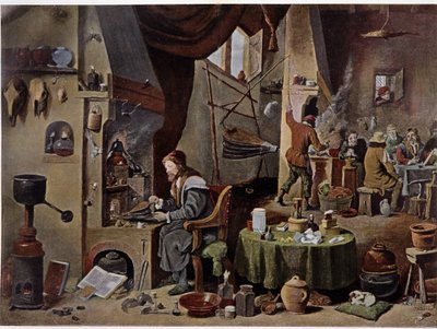 Et alkymistlaboratorium på 1600-tallet - ifølge maleriet til David Téniers den yngre av David the Younger (after) Teniers