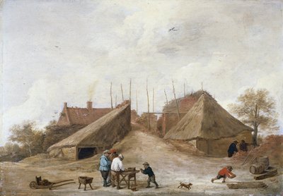 En gårdsplass med figurer rundt et bord av David Teniers the Younger