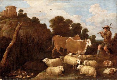 Et elvelandskap med en gjeter som spiller en pipe med klassiske ruiner på en bakketopp bortenfor av David Teniers the Younger