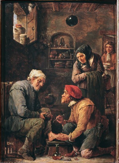 En kirurgisk operasjon, en lege som skal åpne pasientens fot (olje på lerret av David Teniers the Younger