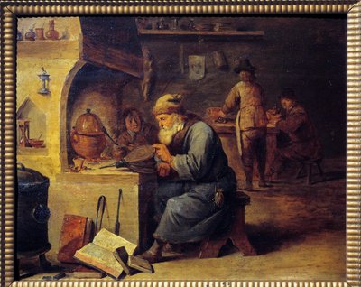 En alkymist. Maleri av David Teniers II kalt David Le Jeune (1610 - 1690), Ec. Flamme av David Teniers the Younger