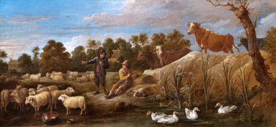 Landskap med to gjetere, storfe og ender (olje på lerret) av David Teniers the Younger