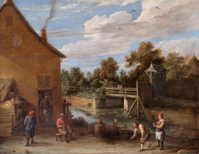 Bønder som spiller boller foran et vertshus ved en elv (olje på lerret) av David Teniers the Younger