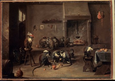 Aper på kjøkkenet. Maleri av David Teniers den yngre (1610-1690). Olje på lerret, 36 x 50,5 cm, ca 1640. Flamsk kunst, barokkkunst. Eremitasjemuseet, St. Petersburg. av David Teniers the Younger
