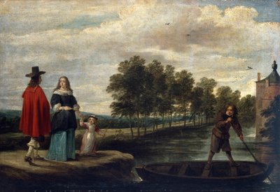 The Artist, his Wife and Child by the Moat of his Mansion, Perck (olje på lerret) av David Teniers the Younger