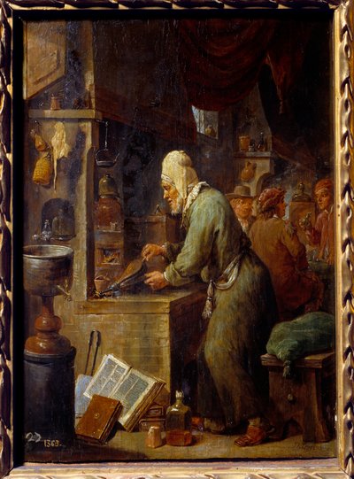 Alkymisten. Maleri av David Teniers II The Young (1610-1690) Ec. Flam av David Teniers the Younger