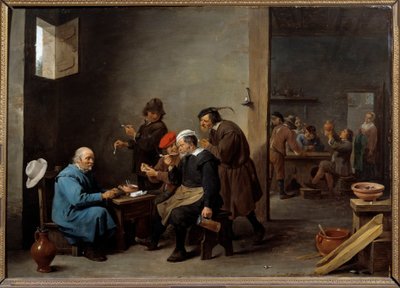Mannen med den hvite hatten Gruppe menn som røyker pipe på et vertshus. Maleri av David Teniers II den unge (1610-1690) av David Teniers the Younger