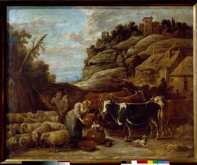 Melkingen av flokken. Maleri av David II Teniers The Young (1610-1690) Ec. Flam. av David Teniers the Younger