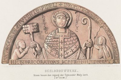 Tympaan van Egmond: buetromme med Petrus, grev Dirk VI av Holland og hans mor grevinne Petronella, ca. 1120 Skulptur. Stein over inngangen til Egmonder Abdy kirke (1100-tallet) (tittel på objekt) av David van der Kellen