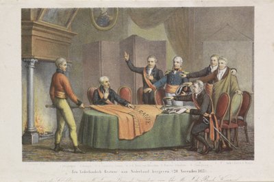 Aksept av den høye regjeringen av triumviratet i navnet til prinsen av Orange, 21. november 1813 Gjenopprett en nederlandsk regjering til Nederland. (20. november 1813) (tittel på objekt) av David van der Kellen
