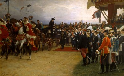 President Emile Loubet ønsker tsar Nicolas II og tsarina Alexandra velkommen til manøvrene ved Betheny, av Dawant