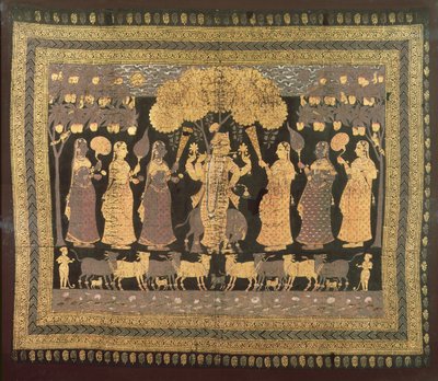 Krishna and his Gopis (opaque watercolor, gold, and silver on dyed cotton) av Deccani School