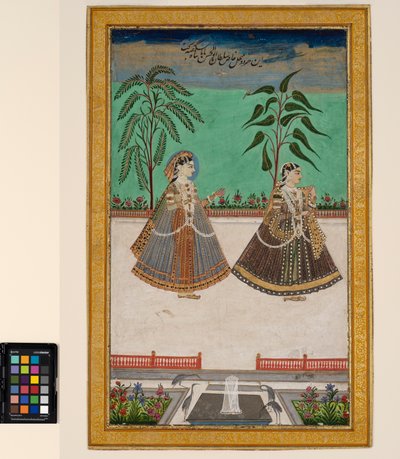 To kvinner fra haremet til Tana Shah fra Golconda, ca. 1800 (ugjennomsiktig akvarell og gull på papir, montert på en albumside) av Deccani School