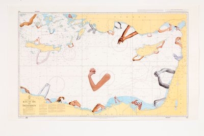 Protected Waters, 2016 (kollasje på sjøkart) av Deirdre Kelly