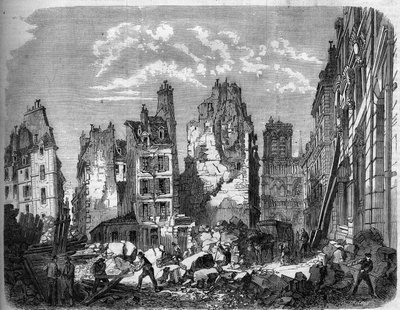 Transformasjoner av Paris under det andre imperiet, Haussmann Paris. Ødeleggelse av en del av Ile de la Cité for utvidelse av Hotel Dieu, gravering etter en av Delannoy Delannoy