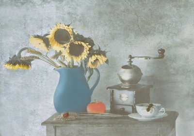 Rustikt stilleben med solsikker av Delphine Devos