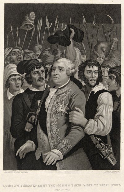 Ludvig XVI truet av mobben under deres besøk i Tuileriene, 20. juni 1792, gravert av John Sartain (gravering) av Denis Auguste Marie (after) Raffet