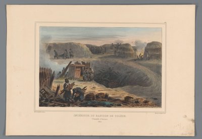 Militairten binnen en bastion, 1832 Interiør av Bastion of Toledo (tittel på objekt) Tegninger laget av livet ved beleiringen av Citadel of Antwerpen av Raffet (serietittel på objekt) av Denis Auguste Marie Raffet
