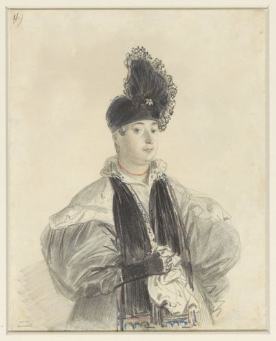 Portrett av en stående dame med svart skjerf og svart lue av Denis Auguste Marie Raffet