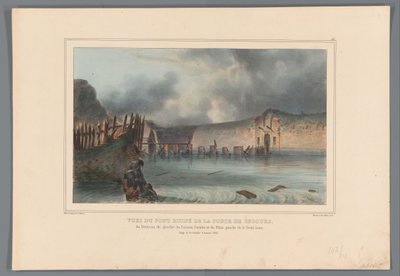 Vernielde brug, 1832 Utsikt over den ødelagte broen til Rescue Gate, den venstre gjeninntredenen av Bastion Pacioto og den venstre flanken av halvmånen (tittel på objektet) Tegninger laget av livet ved beleiringen av Citadel of Antwerpen av Raffet (serieti av Denis Auguste Marie Raffet