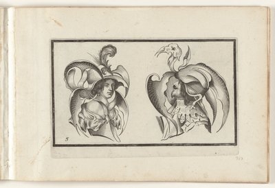 Et manns- og en kvinnehode med groteske hatter og krager Hodeplaggdesign (serietittel) Ouvrage rare et nouveau, contenant plusieurs desseins de merveilleuse rekreation sous diverses caprices et gentillesses representees en l