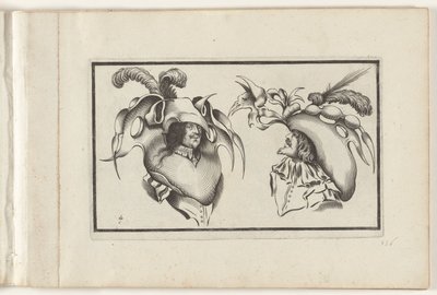To menns hoder med groteske hatter og krager Hodeplaggdesign (serietittel) Ouvrage rare et nouveau, contenant plusieurs desseins de merveilleuse rekreation sous diverses caprices et gentillesses representees en l
