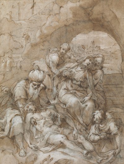 Deponering, ca. 1595 (svart kritt, penn og brunt blekk, wc og hvit forhøyning, rutet for overføring med svart kritt, på lagt papir) av Denis Calvaert