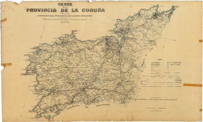 Kart over provinsen A Coruña med statlige og provinsielle veier og subsidierte nabolagsveier. Utgitt etter avtale med Hans Eksellense. Provinskommisjonen av Deputación da Coruña