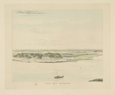 Utsikt over Waal nord for Nijmegen Mot nord (tittel på objekt) Severdigheter rundt byen Nijmegen (serietittel) Geldersch panorama eller rund utsikt over livet tegnet på belvedere i Nymegen (serietittel) av Derk Anthony van de Wart