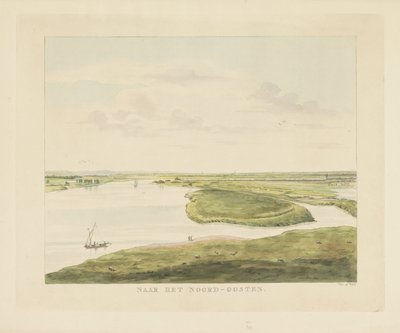 Utsikt over Waal nordøst for Nijmegen Mot nord-øst (tittel på objekt) Severdigheter rundt byen Nijmegen (serietittel) Geldersch panorama eller rund utsikt over livet tegnet på belvedere i Nymegen (serietittel) av Derk Anthony van de Wart