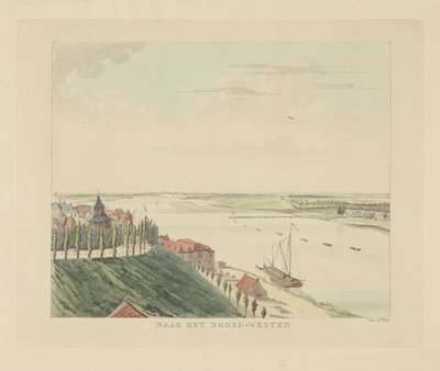 Utsikt over Valkhof og Waal nordvest for Nijmegen Mot nordvest (tittel på objekt) Severdigheter rundt byen Nijmegen (serietittel) Geldersch panorama eller rund utsikt over livet tegnet på belvedere i Nymegen (serietittel) av Derk Anthony van de Wart