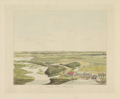 Utsikt over landskapet øst for Nijmegen Mot øst (tittel på objekt) Severdigheter rundt byen Nijmegen (serietittel) Geldersch panorama eller rund utsikt over livet tegnet på belvedere i Nymegen (serietittel) av Derk Anthony van de Wart