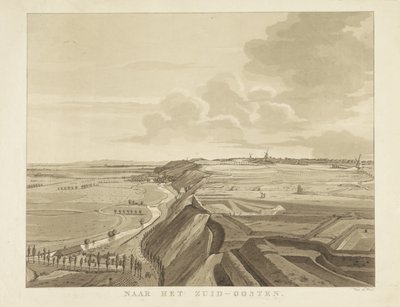 Utsikt over landskapet sørøst for Nijmegen Mot sørøst (tittel på objekt) Severdigheter rundt byen Nijmegen (serietittel) Geldersch panorama eller rund utsikt over livet tegnet på belvedere i Nymegen (serietittel) av Derk Anthony van de Wart