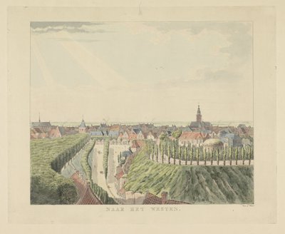 Nijmegen, utsikt fra Belvédère mot vest Mot vest (tittel på objekt) Severdigheter rundt byen Nijmegen (serietittel) Geldersch panorama eller rund utsikt over livet tegnet på belvedere i Nymegen (serietittel) av Derk Anthony van de Wart